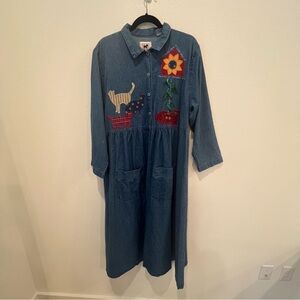 Vintage 90s Sweet Shirts Denim Patchwork Dress Size L Cotton Cat Lover Modest